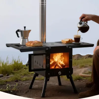 Poêle à bois portable pliable en acier, noir